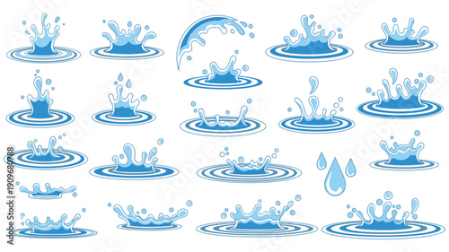 A collection of stylized water droplet illustrations in various dynamic formations