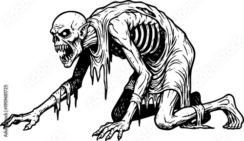 Horror Black and White Crawling Zombie Monster Illustration