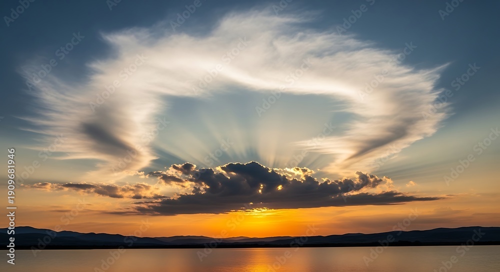 Fototapeta premium Vibrant Sunset Over Calm Water with Wispy Clouds