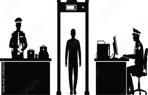 Airport Security Checkpoint Silhouette Illustration Featuring Metal Detector Scanner, Police Officers, Luggage Inspection and Passenger Screening Process Black and White Vector Design