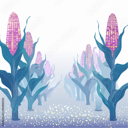 A magical cornfield with purple and blue stalks in a misty landscape