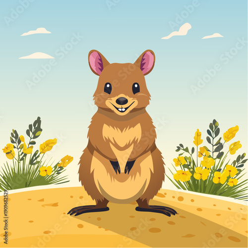 Cute Quokka Illustration Smiling on a Sandy Dune Surrounded by Yellow Flowers