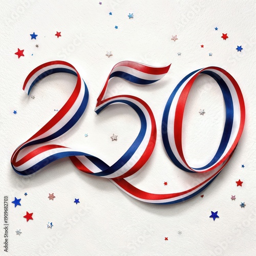 A vibrant display features the number 250 in red, white, and blue ribbons, accented with smaller stars in coordinating colors