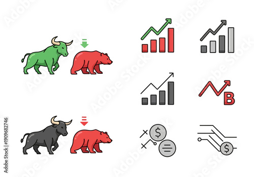 Minimal flat vector logo of bull vs bear stock market battle