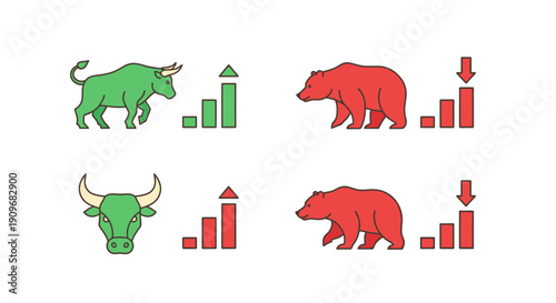 Minimal flat vector logo of bull vs bear stock market battle