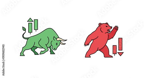 Minimal flat vector logo of bull vs bear stock market battle