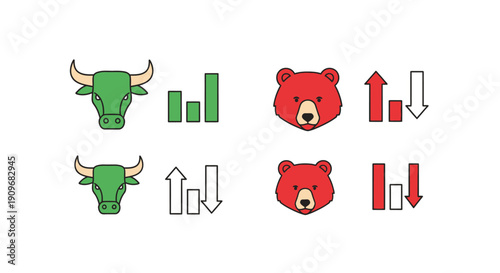Minimal flat vector logo of bull vs bear stock market battle