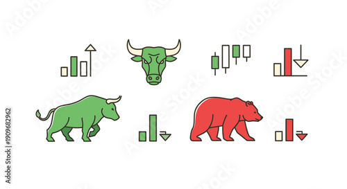 Minimal flat vector logo of bull vs bear stock market battle
