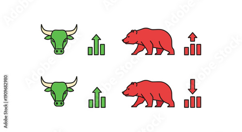 Minimal flat vector logo of bull vs bear stock market battle