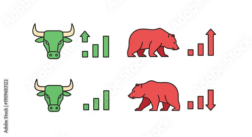 Minimal flat vector logo of bull vs bear stock market battle