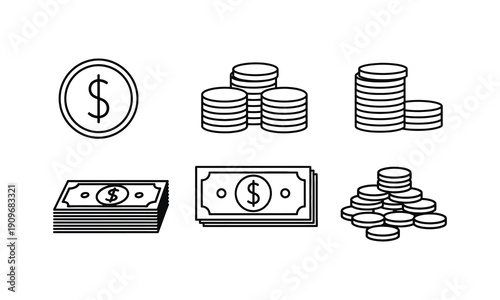 Outline icons representing various aspects of money, including coins, stacked bills, and loose banknotes.