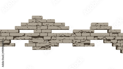 A broken brick wall with crumbling mortar and damaged bricks on a white background.