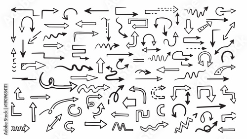 Various hand-drawn arrows and pointers in different shapes and directions on a plain background from a direct viewpoint