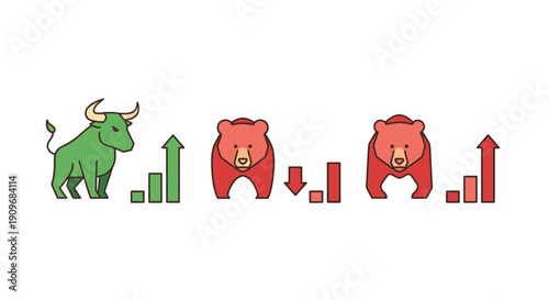 Minimal flat vector logo of bull vs bear stock market battle