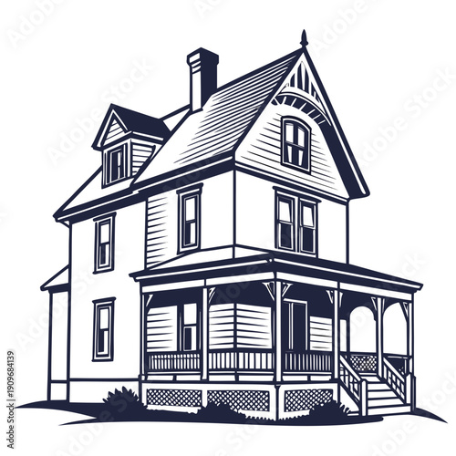 A charming old house with a wrap-around porch and a steep roof.