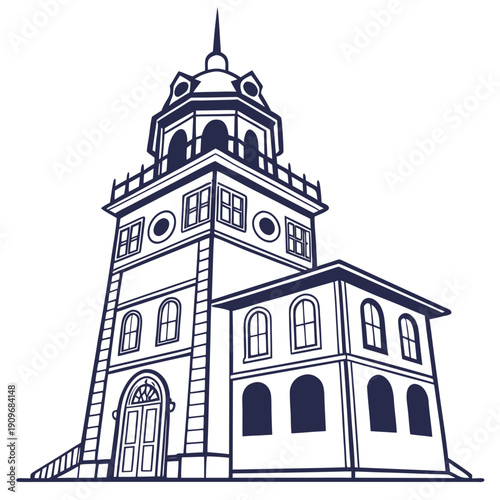 A detailed black and white line drawing of a historic clock tower building.