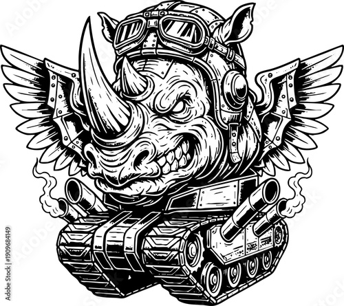 Vintage Style Angry Rhinoceros Head on Tank Chassis Mascot