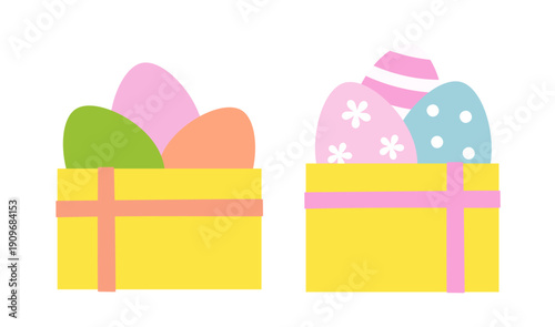 Set of Easter eggs and gift paper box flat vector illustration. 
Simple cute easter egg in gift box cartoon clipart.