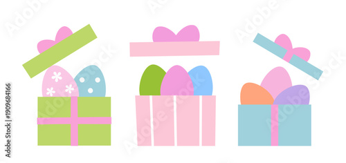 Set of Easter eggs and gift paper box flat vector illustration. 
Simple cute easter egg in gift box cartoon clipart.
