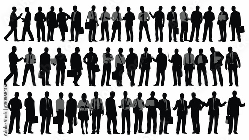 Large group of business people silhouetted against a white background, various poses.