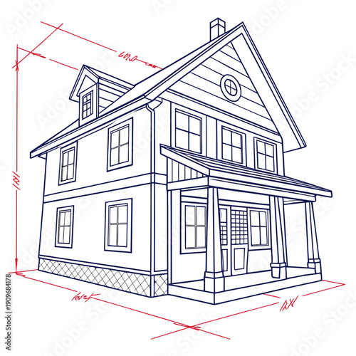 A detailed architectural drawing of a two-story house with measurements