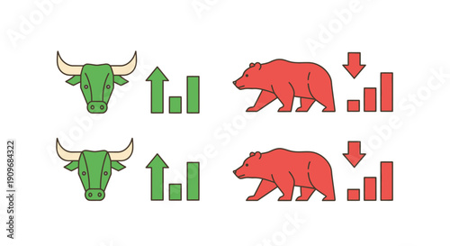 Minimal flat vector logo of bull vs bear stock market battle,