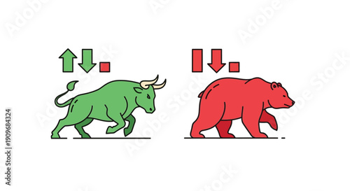 Minimal flat vector logo of bull vs bear stock market battle,