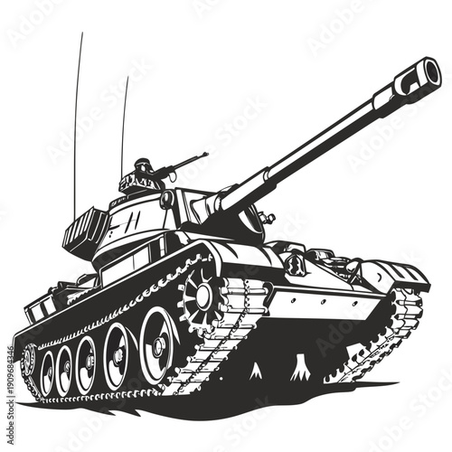 A detailed illustration of a military tank with a prominent cannon on a battlefield.
