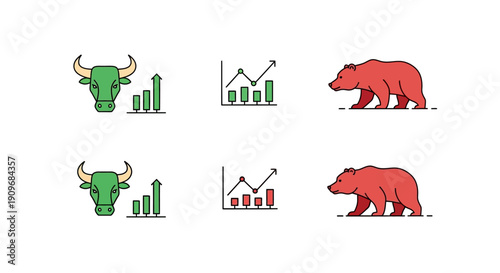 Minimal flat vector logo of bull vs bear stock market battle,
