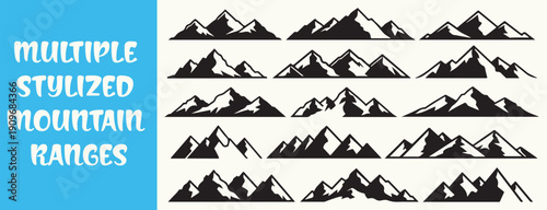 Multiple stylized mountain ranges illustration from a distant viewpoint showcasing peaks and hills