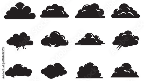 Collection of cloud silhouettes in various shapes and forms displayed on a white background.