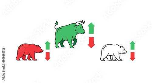 Minimal flat vector logo of bull vs bear stock market battle,