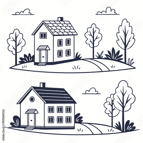 Two charming houses illustrated in a picturesque countryside setting with trees and hills