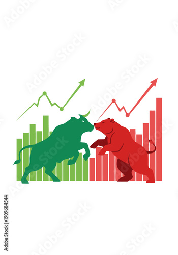 Minimal flat vector logo of bull vs bear stock market battle,