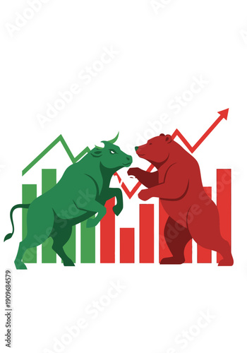 Minimal flat vector logo of bull vs bear stock market battle,