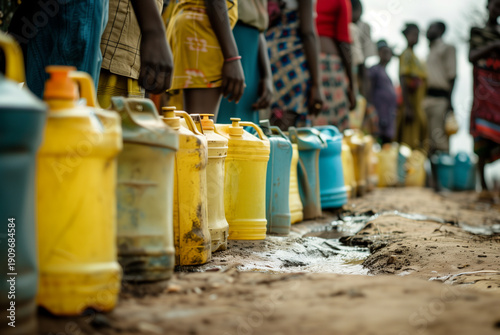 Group of Black people standing in line beside water containers on a dirt path, waiting to collect water from a nearby source, humanitarian water crisis concept, for themes about access to clean water