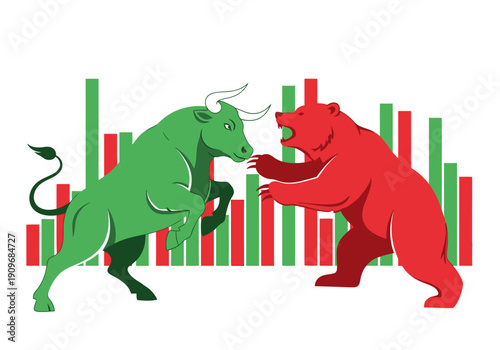 Minimal flat vector logo of bull vs bear stock market battle,