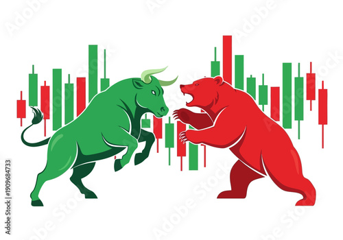 Minimal flat vector logo of bull vs bear stock market battle,