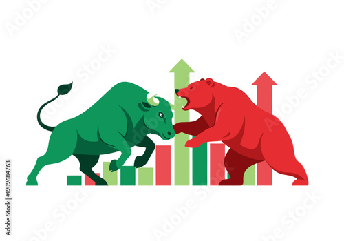 Minimal flat vector logo of bull vs bear stock market battle,