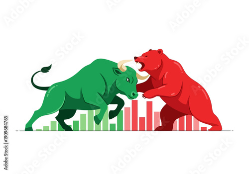 Minimal flat vector logo of bull vs bear stock market battle,