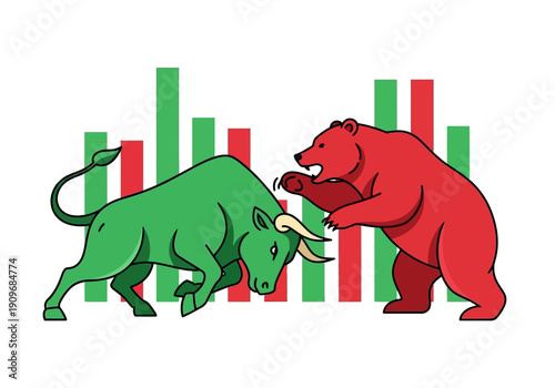 Minimal flat vector logo of bull vs bear stock market battle,