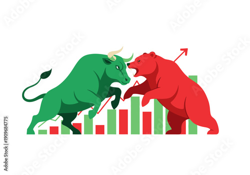 Minimal flat vector logo of bull vs bear stock market battle,