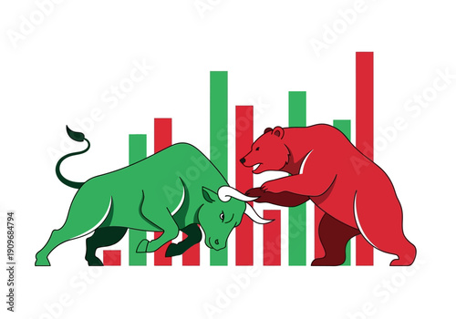 Minimal flat vector logo of bull vs bear stock market battle,