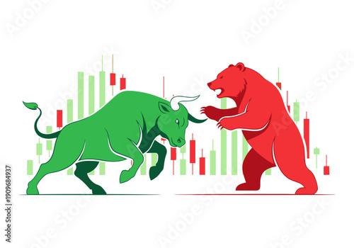 Minimal flat vector logo of bull vs bear stock market battle,