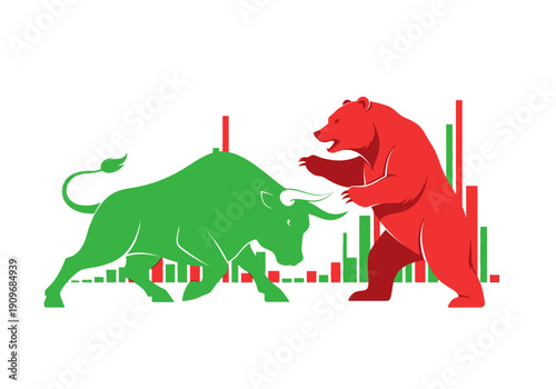 Minimal flat vector logo of bull vs bear stock market battle,