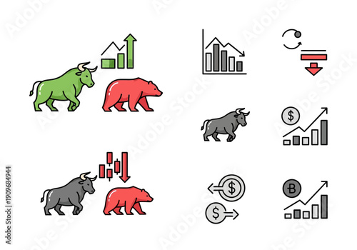 Minimal flat vector logo of bull vs bear stock market battle,