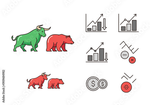 Minimal flat vector logo of bull vs bear stock market battle,