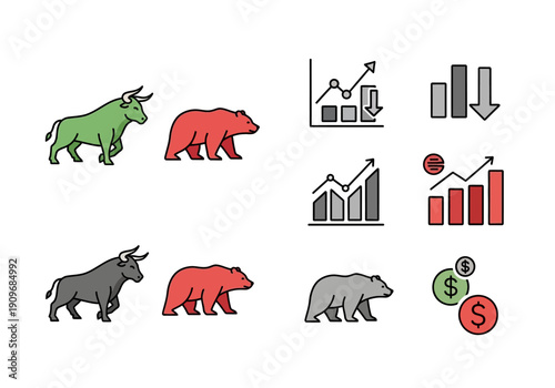 Minimal flat vector logo of bull vs bear stock market battle,