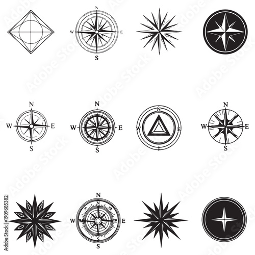 A collection of various compass rose designs and navigational symbols in black and white.