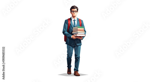 Full shot of a student carrying books. Art illustration with polygon style. Suitable for school, university, learning and library concepts. Vector illustration, isolated on white.